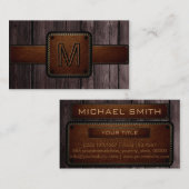 Brown Wood Brown Leather Look Monogram Visitenkarte (Vorne/Hinten)