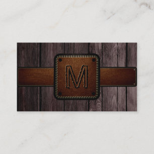 Brown Wood Brown Leather Look Monogram Visitenkarte