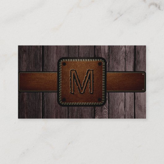 Brown Wood Brown Leather Look Monogram Visitenkarte (Vorderseite)