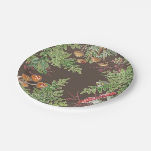 Brown Woodland Frog Bee Mushroom Rustic Picnic Pappteller (Schrägansicht)