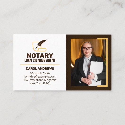 Brown & Yellow Notary Loan Signing Agent Foto Visitenkarte (Vorderseite)