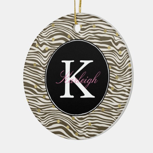 Brown Zebra Print Gold Confetti Monogram Keramik Ornament (Links)
