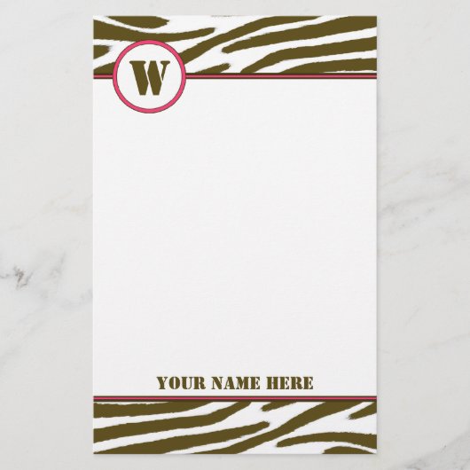 Brown Zebra Print Monogram Stationierung Briefpapier (Vorderseite)