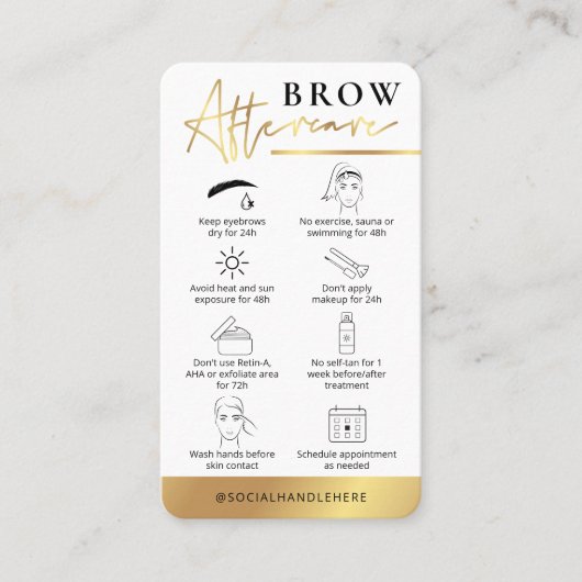 Brows Aftercare White & Gold Salon Instruktionen Visitenkarte (Vorderseite)