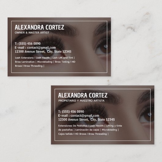Brows & Lashes Zweisprachiges Spanisch Visitenkarte (Vorne/Hinten)