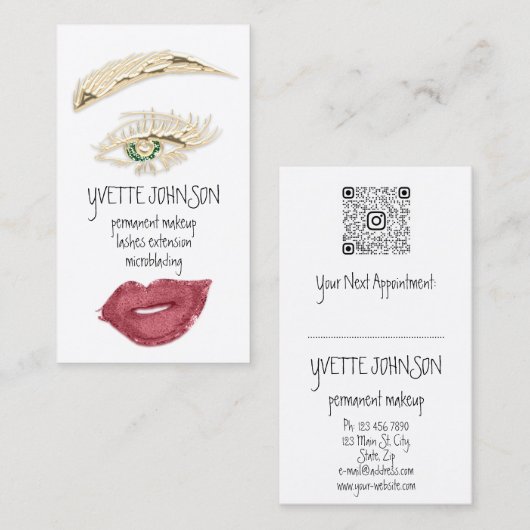 Brows Makeup QRCode Rose Lips Gold Eyelash Visitenkarte (Vorne/Hinten)