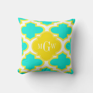 Brt Aqua Gelb Wht Quatrefoil 3 Initialen Monogramm Kissen