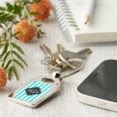 Brt Aqua Whit Stripe Black Quatrefolie 3 Monogramm Schlüsselanhänger (Seite)