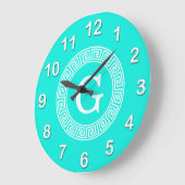 Brt Aqua Wht Griechisch Key Rnd Frame Initial Mono Große Wanduhr (Winkel)