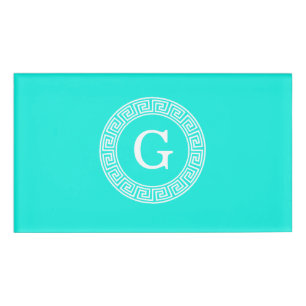 Brt Aqua Wht Griechisch Key Rnd Frame Initial Mono Namenschild