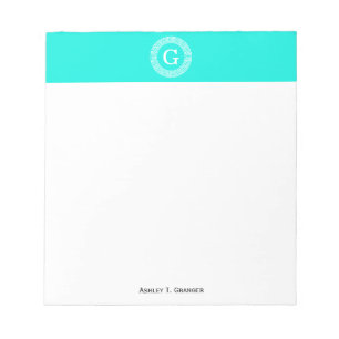 Brt Aqua Wht Griechisch Key Rnd Frame Initial Mono Notizblock