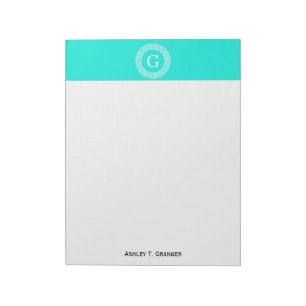 Brt Aqua Wht Griechisch Key Rnd Frame Initial Mono Notizblock
