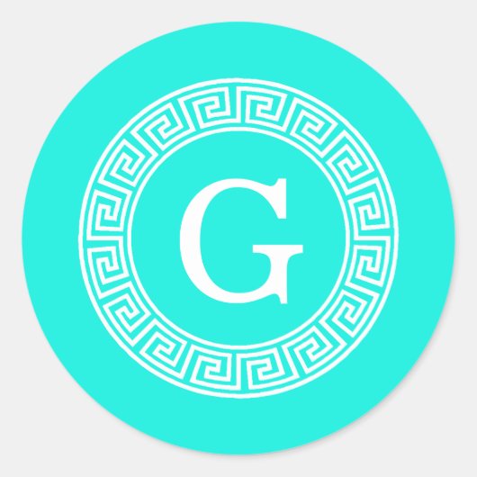 Brt Aqua Wht Griechisch Key Rnd Frame Initial Mono Runder Aufkleber (Vorderseite)