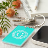 Brt Aqua Wht Griechisch Key Rnd Frame Initial Mono Schlüsselanhänger (Vorderseite rechts)