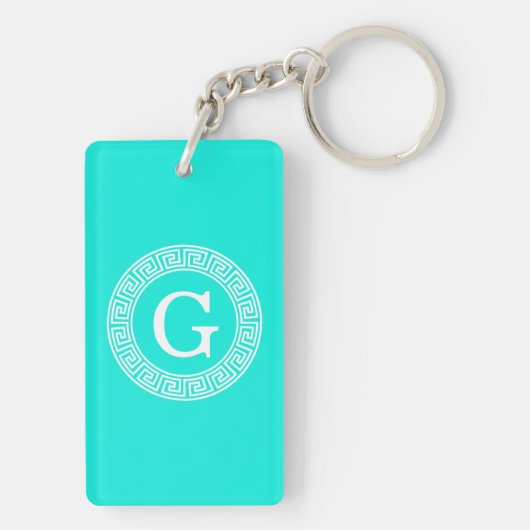 Brt Aqua Wht Griechisch Key Rnd Frame Initial Mono Schlüsselanhänger (Rückseite)