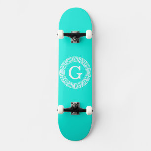 Brt Aqua Wht Griechisch Key Rnd Frame Initial Mono Skateboard