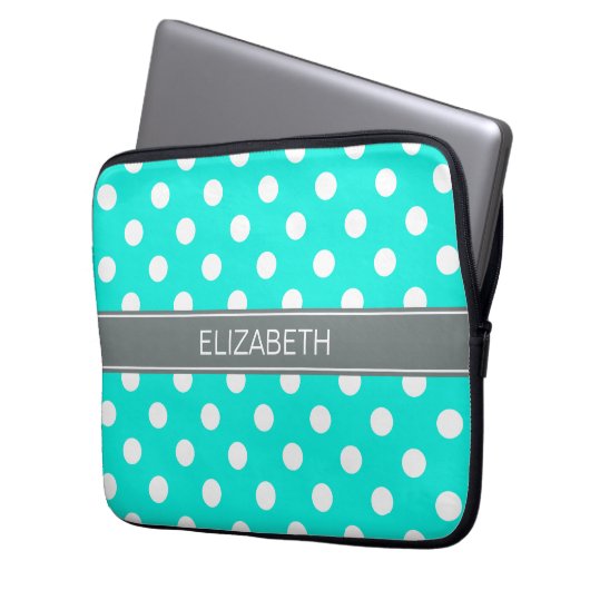 Brt Aqua Wht Polka Dots #2 Charcoal Gray Monogram Laptopschutzhülle (Vorderseite Links)