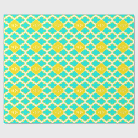 Brt Aqua Yellow Wht Quatrefolie 3 Initialmonogramm Geschenkpapier (Flach)