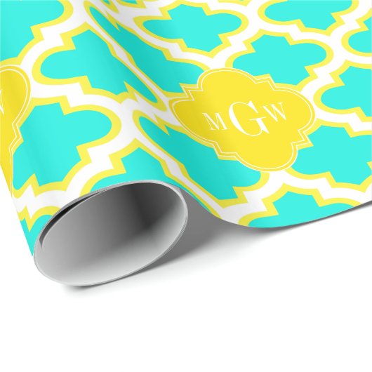 Brt Aqua Yellow Wht Quatrefolie 3 Initialmonogramm Geschenkpapier (Rolleneckpunkt)