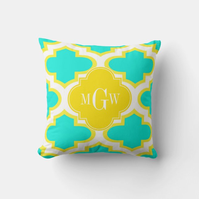 Brt Aqua Yellow Wht Quatrefolie 3 Initialmonogramm Kissen (Vorderseite)