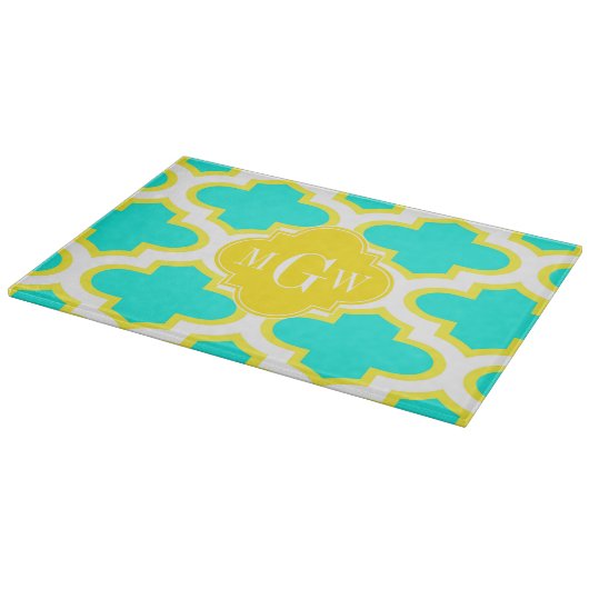 Brt Aqua Yellow Wht Quatrefolie 3 Initialmonogramm Schneidebrett (Ecke)