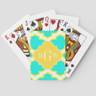 Brt Aqua Yellow Wht Quatrefolie 3 Initialmonogramm Spielkarten