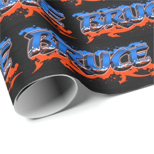 Bruce Vorname Name Graffiti blue orange Geschenkpapier (Rolleneckpunkt)