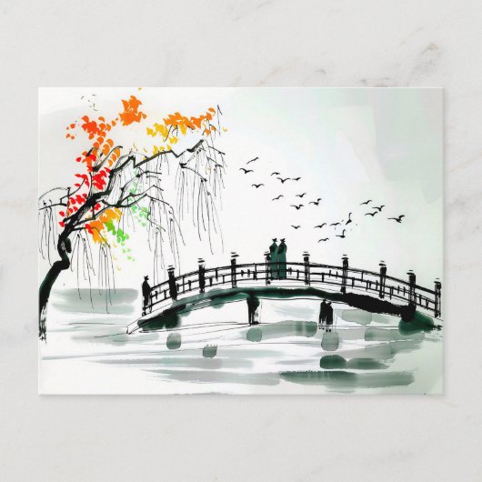 Brücke am Teich im ruhigen Garten Postkarte (Vorderseite)