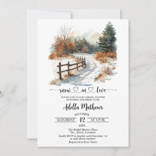Brücke im Waldschnee in Liebe Brautparty Einladung (Vorderseite)