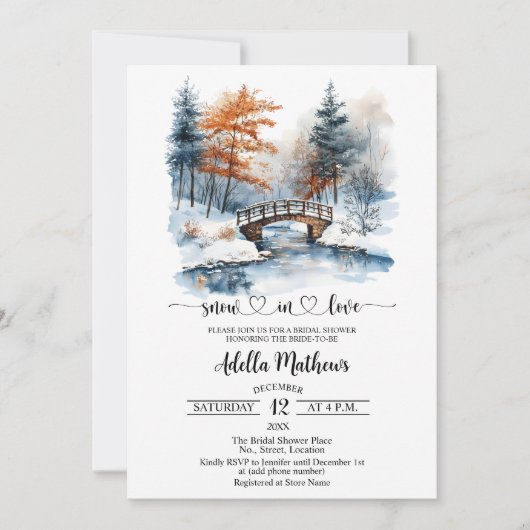 Brücke im Waldschnee in Liebe Brautparty Einladung (Vorderseite)