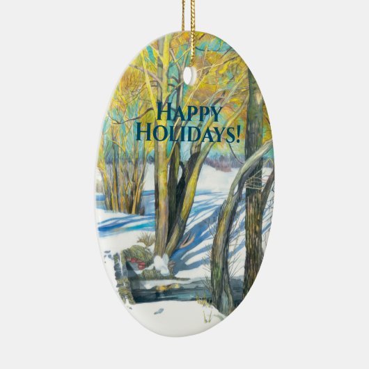 Brücke im Winter Aquarell Keramik Ornament (Rechts)