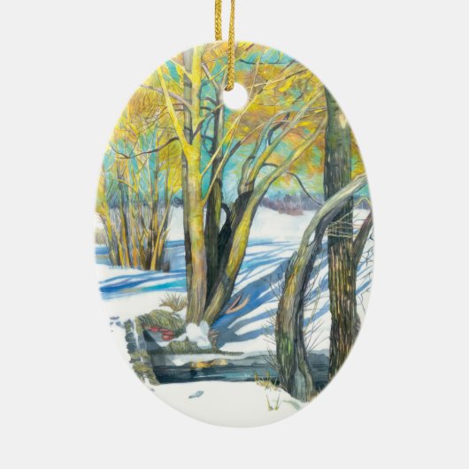 Brücke im Winter Aquarell Keramik Ornament (Hinten)