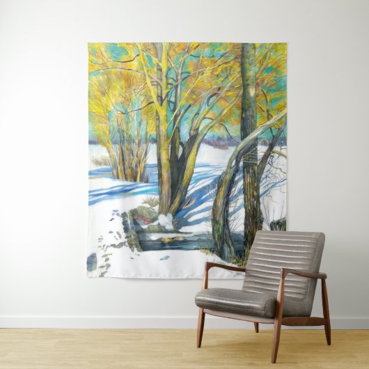 Brücke im Winter Aquarell Wandteppich (Beispiel)