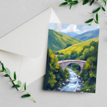 Brücke über den Gebirgsfluss Grüne Aquarell-Naturk