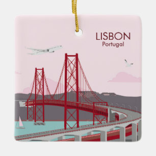 Brücke von Lissabon über den Fluss Tagus im Vintag Keramikornament