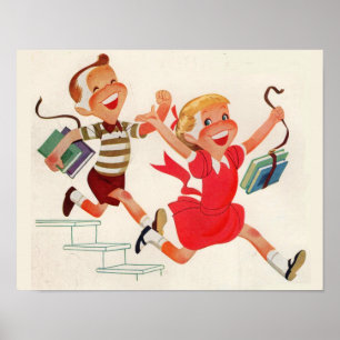 Bruder und Schwester auf dem Weg zur Schule Poster