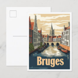 Bruges Belgium Art Vintage Travel Illustration Postkarte