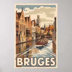 Bruges Belgium Illustration Travel Art Vintag Poster
