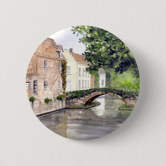 Brügge Wasserfarbenmalerei von Farida Greenfield Button (Vorderseite)