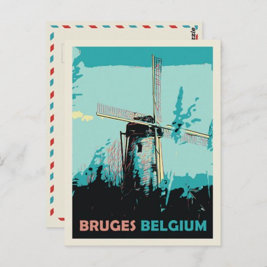 Brügge Windmühle Illustration Belgien Postcard Postkarte (Vorne/Hinten)