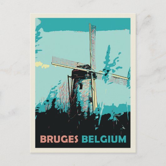 Brügge Windmühle Illustration Belgien Postcard Postkarte (Vorderseite)