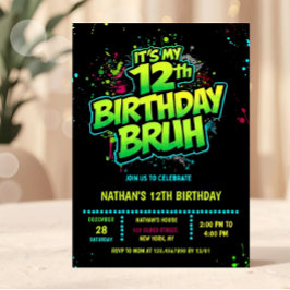 Bruh 12th Birthday Boy Neon Modern Invitation Einladung
