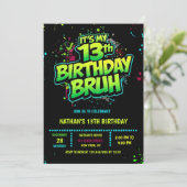 Bruh 13th Birthday Boy Neon Modern Invitation Einladung (Stehend Vorderseite)