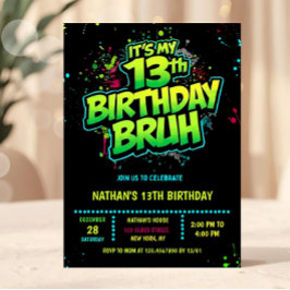 Bruh 13th Birthday Boy Neon Modern Invitation Einladung