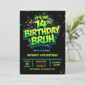 Bruh 14th Birthday Boy Neon Modern Invitation Einladung (Stehend Vorderseite)