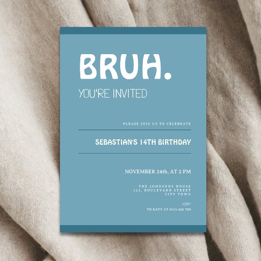 Bruh 14th Birthday Invitation Teens Boy Blue Einladung
