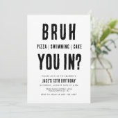BRUH, are you in? Swimming Boy Birthday Einladung (Stehend Vorderseite)
