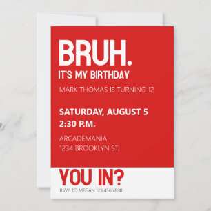 BRUH BIRTHDAY PARTY TEEN BOUR RED Minimalistisch Einladung