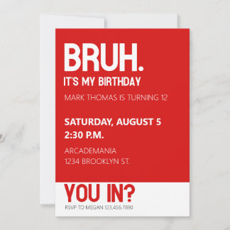 BRUH BIRTHDAY PARTY TEEN BOUR RED Minimalistisch Einladung