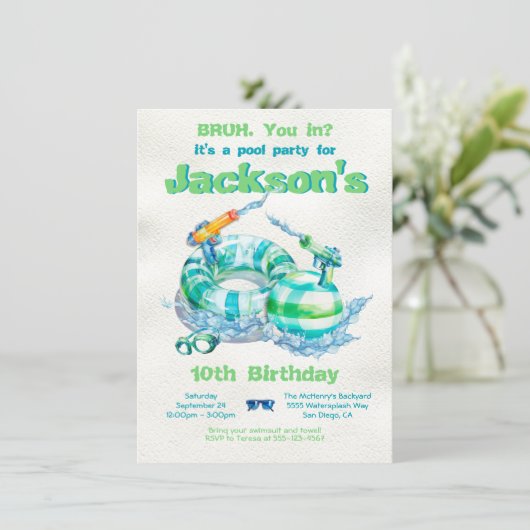 Bruh Birthday Pool Party Einladung (Stehend Vorderseite)